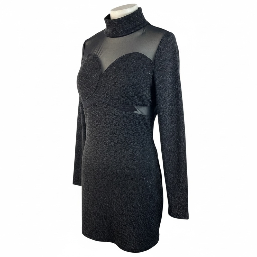 Chic Black Long Sleeve Bodycon Dress with Mesh Metallic Detail